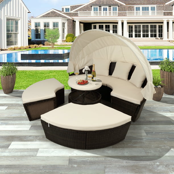 Blue Cushion Wicker Rattan Sofa Set Waterproof Cushions Backyard Lawn Garden Pool Porch FLIEKS Outdoor Patio Round Daybed Furniture with Retractable Canopy and Coffee Table